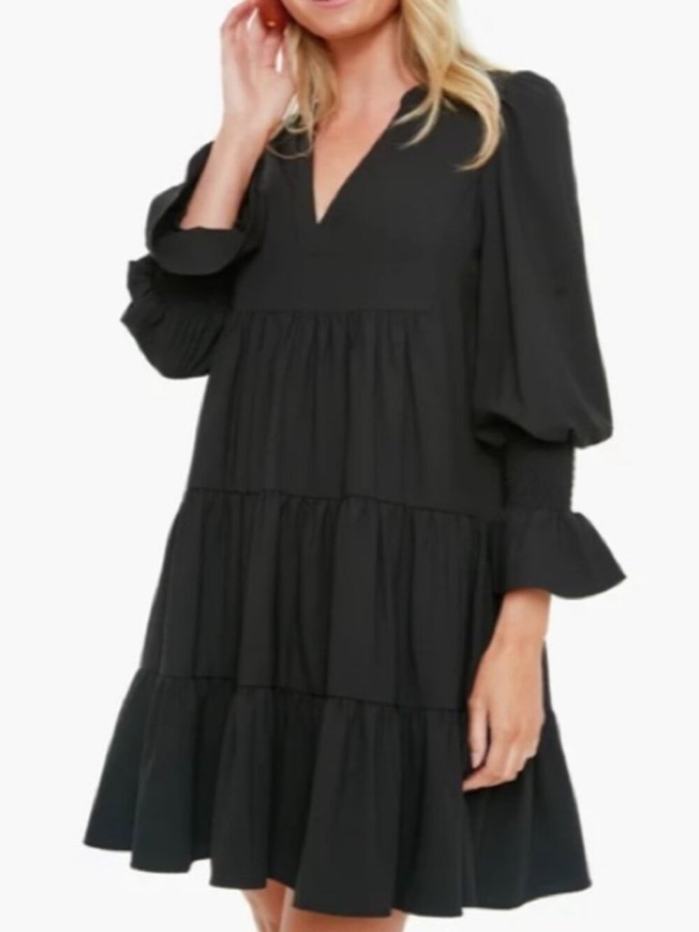 Pomander Place by Tuckernuck Crepe Kenzo Dress Women Medium Black V-Neck Tiered - Picture 12 of 14